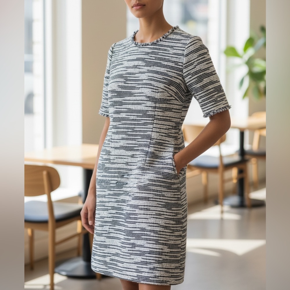 Hobbs Short Sleeve Sheath Dress with Pockets Dress in Navy Ivory Size 2